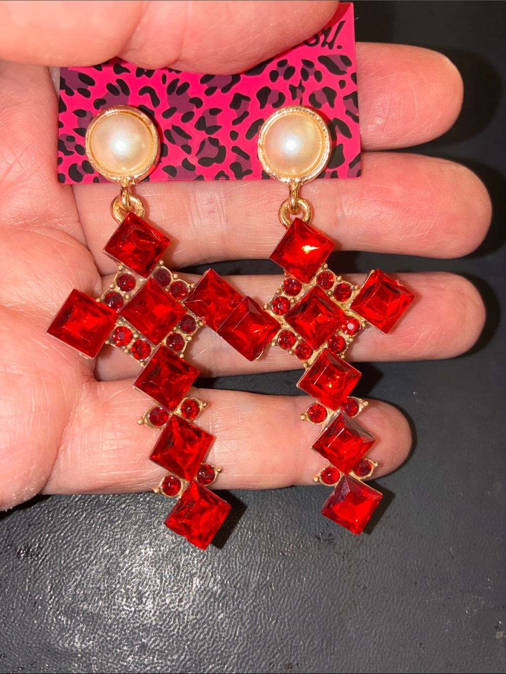 Gold-Tone Pearl & Bright Red Cross Drop Earrings